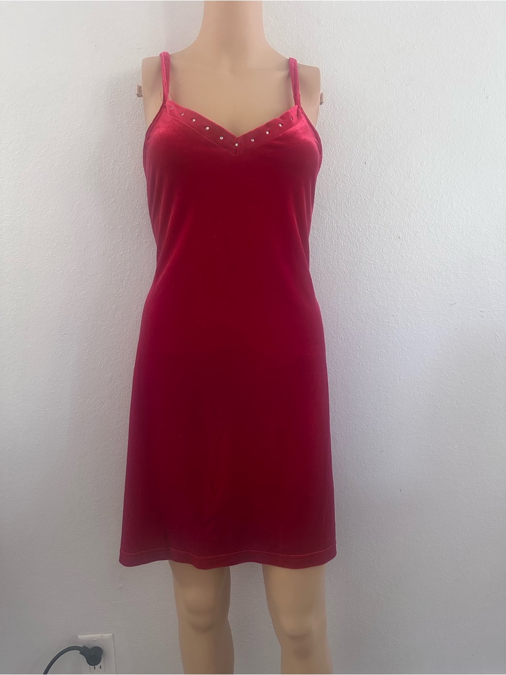 Vintage Tu-mi U.S.A. Red Velvet Rhinestone Mini Dress double side slits med